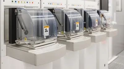 The front of a new ion implant tool inside the cleanroom of a semiconductor manufacturing facility. 