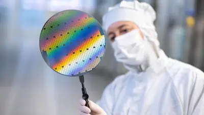 Semiconductor manufacturing Dresden: Person with Wafer 300 mm